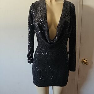Fashion Nova Glittering Black Long Sleeve Dress